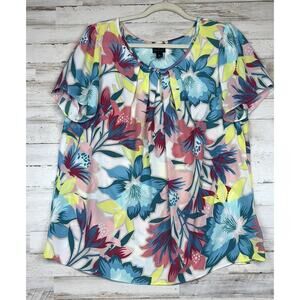 Worthington Womens Blouse Size XL Floral Pleated Scoop Neck Short Sleeves